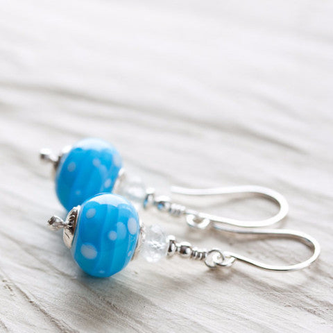 Dreamy Light blue earrings, short polka dot lampwork and aquamarine bead dangle - jewelry by CookOnStrike