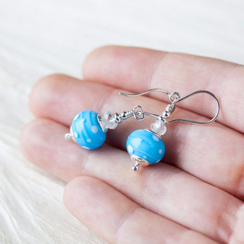 Dreamy Light blue earrings, short polka dot lampwork and aquamarine bead dangle - jewelry by CookOnStrike