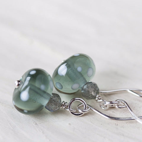 Subtle Light Gray Earrings, transparent polka dot lampwork glass with labradorite - jewelry by CookOnStrike