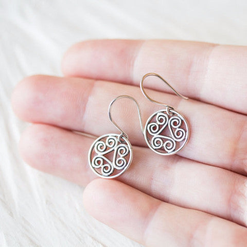 Tiny Spiral Medallion Earrings, Short silver dangles - jewelry by CookOnStrike