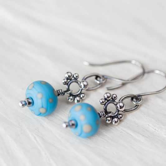 Petite Lampwork Earrings, Light Blue Bead Dangle, Sterling Silver - jewelry by CookOnStrike