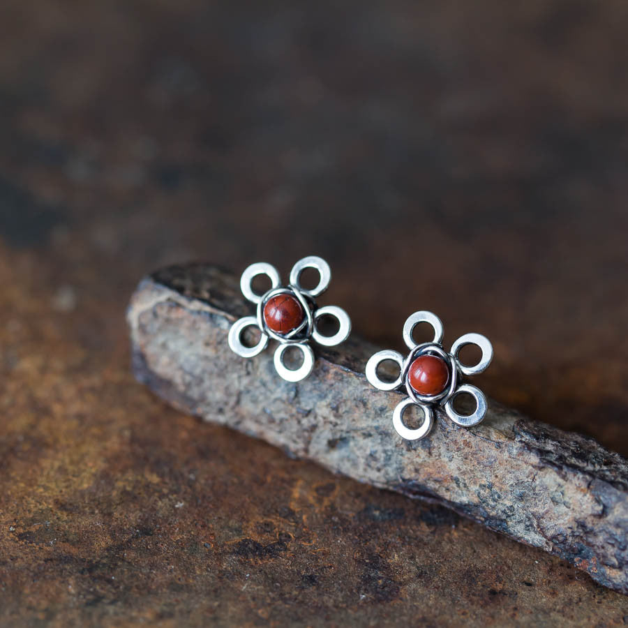 Red Jasper Flower Studs, Tiny Wire Wrapped Silver Flowers - jewelry by CookOnStrike