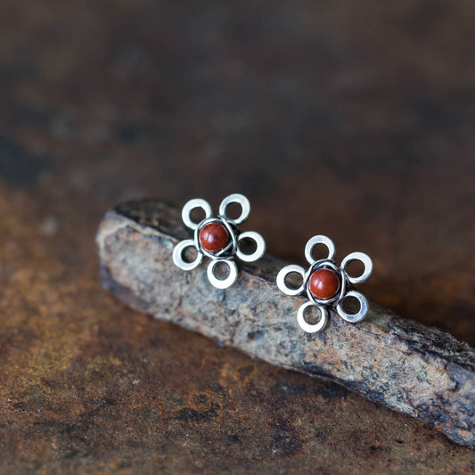 Red Jasper Flower Studs, Tiny Wire Wrapped Silver Flowers - jewelry by CookOnStrike