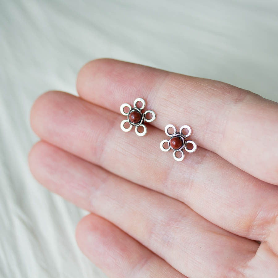 Red Jasper Flower Studs, Tiny Wire Wrapped Silver Flowers - jewelry by CookOnStrike