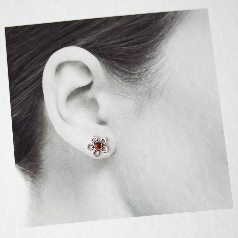 Red Jasper Flower Studs, Tiny Wire Wrapped Silver Flowers - jewelry by CookOnStrike