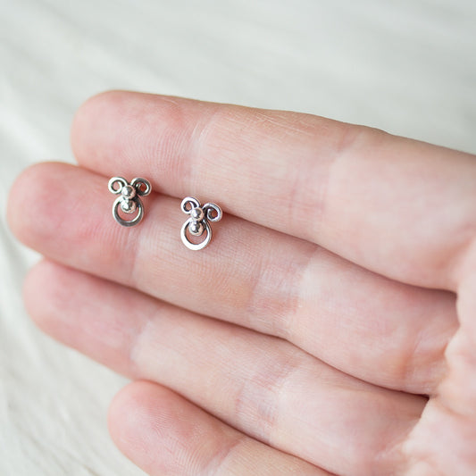 Tiny unusual artisan stud earrings, abstract silver shapes - jewelry by CookOnStrike