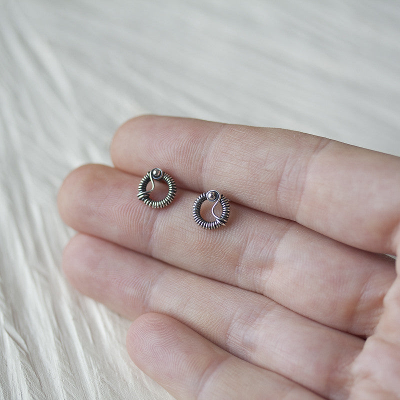 Unique Wire Wrapped Silver Circle Stud Earrings - jewelry by CookOnStrike