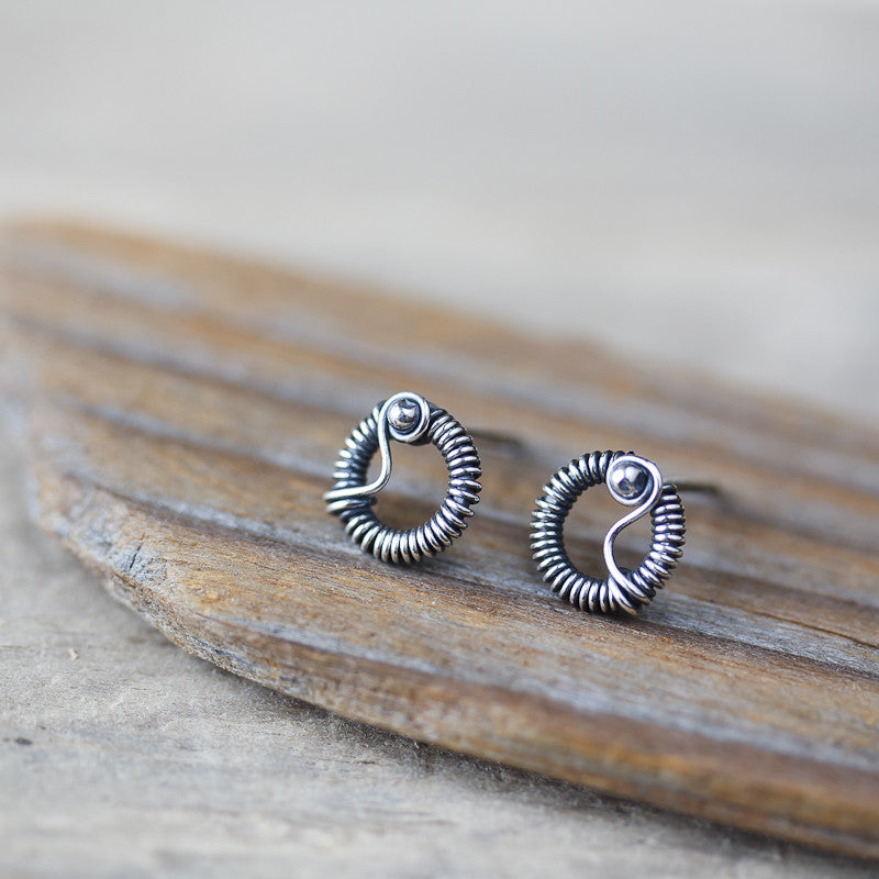 Unique Wire Wrapped Silver Circle Stud Earrings - jewelry by CookOnStrike