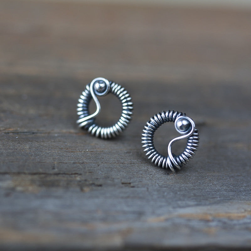 Unique Wire Wrapped Silver Circle Stud Earrings - jewelry by CookOnStrike