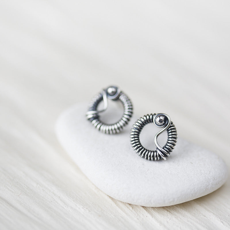 Unique Wire Wrapped Silver Circle Stud Earrings - jewelry by CookOnStrike