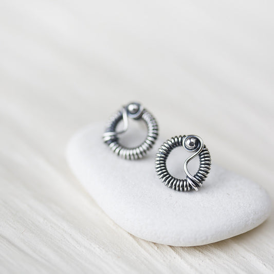 Unique Wire Wrapped Silver Circle Stud Earrings - jewelry by CookOnStrike