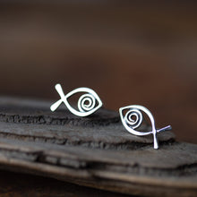 Load image into Gallery viewer, Simple Fish Stud Earrings, Sterling Silver Wire Outline with a Spiral Inside