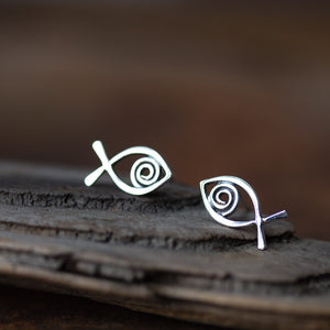 Simple Fish Stud Earrings, Sterling Silver Wire Outline with a Spiral Inside