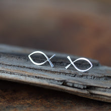 Load image into Gallery viewer, Large Fish Stud Earrings, Minimalist Silver Wire Outline Ichthus Symbol