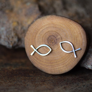 Large Fish Stud Earrings, Minimalist Silver Wire Outline Ichthus Symbol