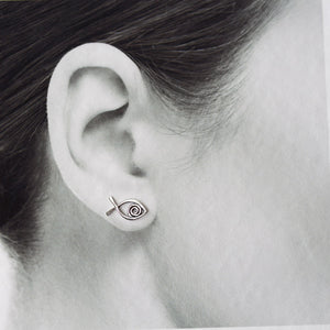 Simple Fish Stud Earrings, Sterling Silver Wire Outline with a Spiral Inside