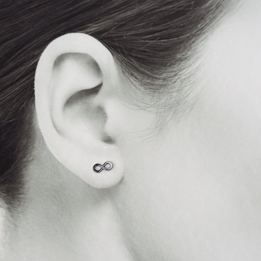 Tiny Black Infinity Stud Earrings, Oxidized Sterling Silver - CookOnStrike