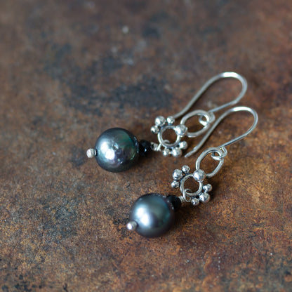 Short Black Pearl Earrings, Natural Peacock Black Freshwater Pearl Silver Dangle - CookOnStrike