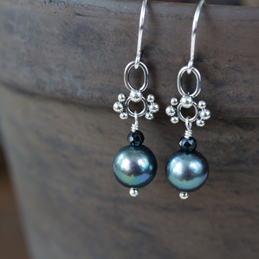 Short Black Pearl Earrings, Natural Peacock Black Freshwater Pearl Silver Dangle - CookOnStrike