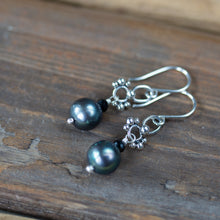 Load image into Gallery viewer, Short Black Pearl Earrings, Natural Peacock Black Freshwater Pearl Silver Dangle - CookOnStrike
