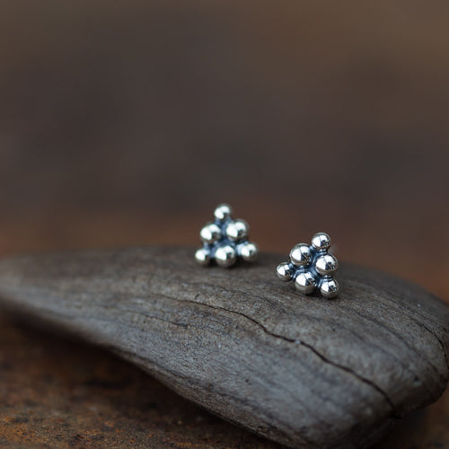 Small Triangle Stud Earrings, Sterling Silver Ball Cluster - jewelry by CookOnStrike
