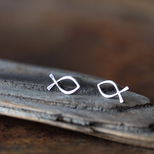Load image into Gallery viewer, Medium Fish Outline Stud Earrings, Ichthus Symbol - jewelry by CookOnStrike