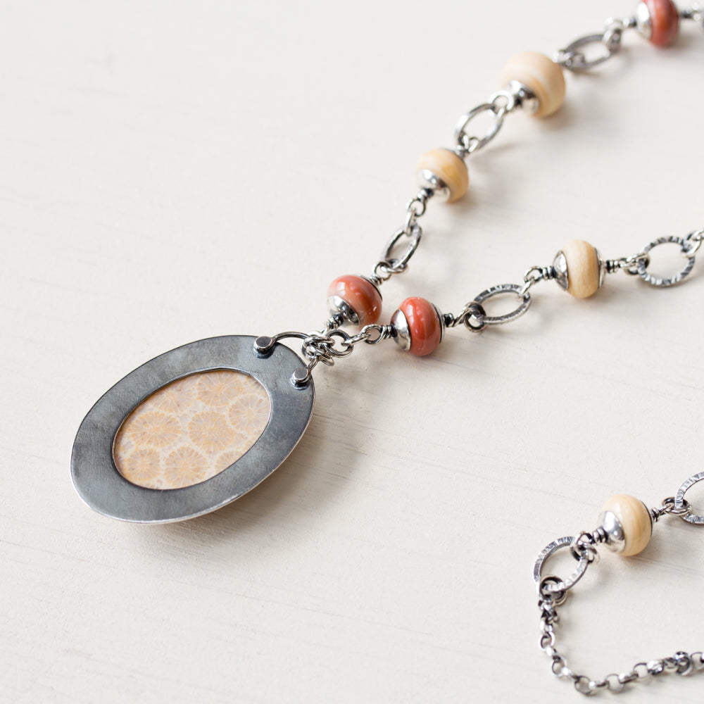 Agatized Fossil Coral Necklace, Pastel Floral Pattern Stone in Silver Bezel - jewelry by CookOnStrike