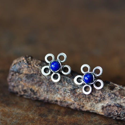 Dainty Lapis Lazuli Stud Earrings, Blue Flower - jewelry by CookOnStrike