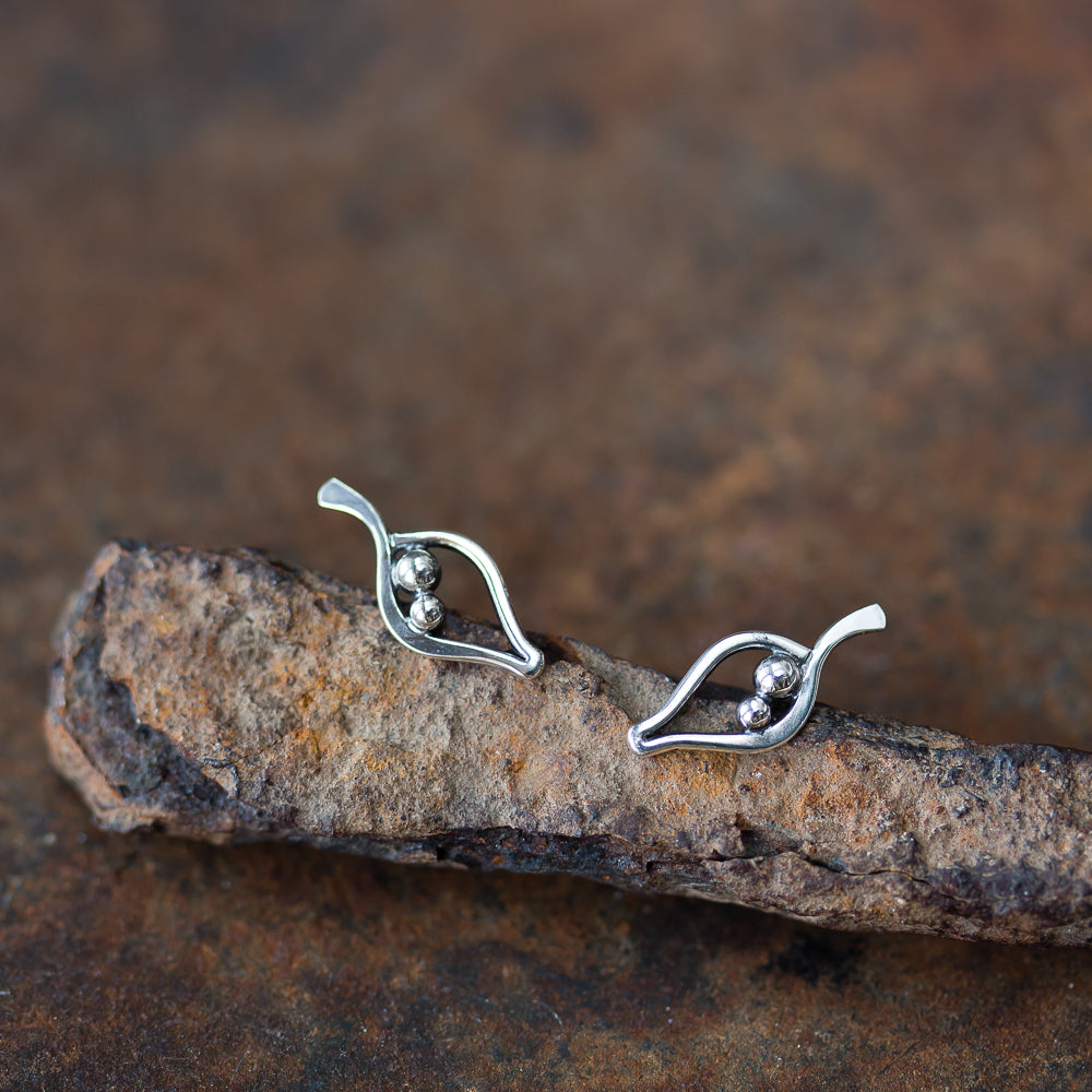 Silver Leaf Studs, Outline With Two Beads - jewelry by CookOnStrike