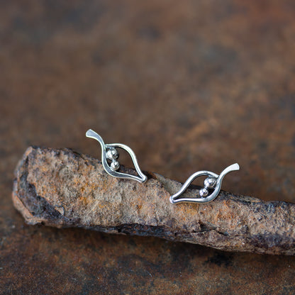 Silver Leaf Studs, Outline With Two Beads - jewelry by CookOnStrike