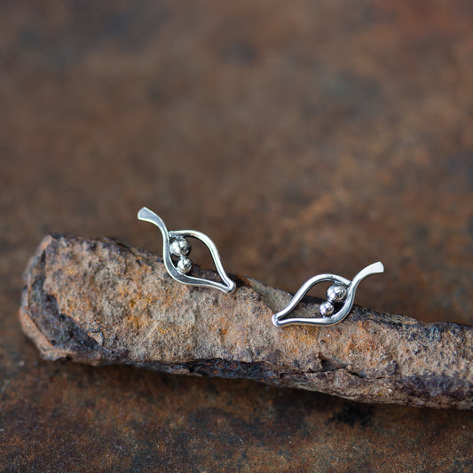 Silver Leaf Studs, Outline With Two Beads - jewelry by CookOnStrike
