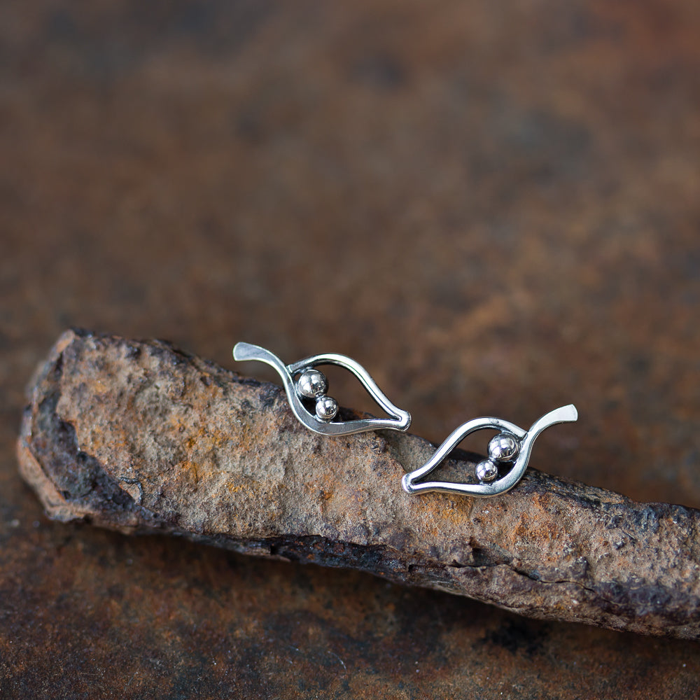 Silver Leaf Studs, Outline With Two Beads - jewelry by CookOnStrike
