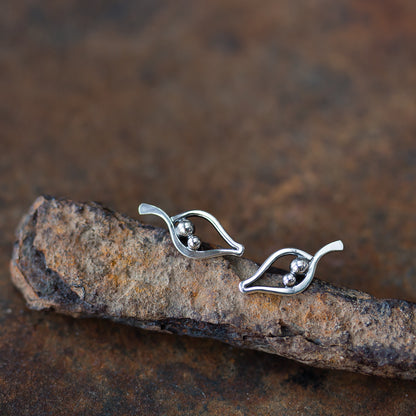 Silver Leaf Studs, Outline With Two Beads - jewelry by CookOnStrike