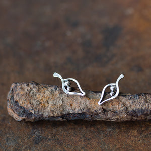 Silver Leaf Studs, Outline With Two Beads - jewelry by CookOnStrike