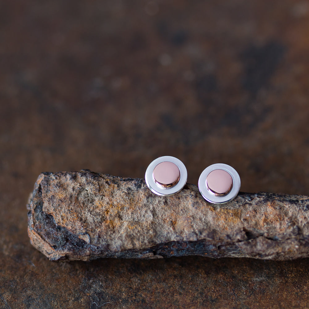 Sterling Silver and Copper Stud Earrings, Small Round Layered Disc - jewelry by CookOnStrike
