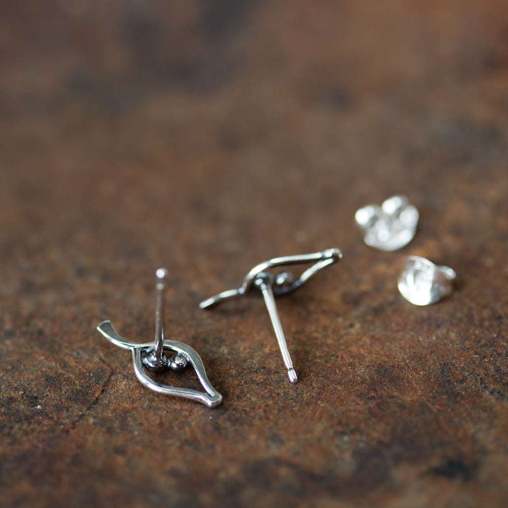Silver Leaf Studs, Outline With Two Beads - jewelry by CookOnStrike