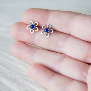 Dainty Lapis Lazuli Stud Earrings, Blue Flower - jewelry by CookOnStrike
