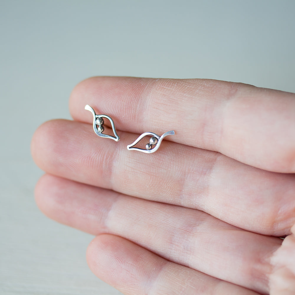 Silver Leaf Studs, Outline With Two Beads - jewelry by CookOnStrike