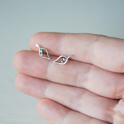 Silver Leaf Studs, Outline With Two Beads - jewelry by CookOnStrike