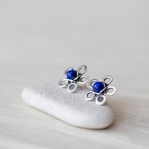 Dainty Lapis Lazuli Stud Earrings, Blue Flower - jewelry by CookOnStrike