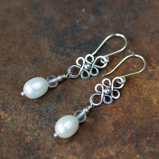 White Pearl and Crystal Dangle Earrings - jewelry by CookOnStrike