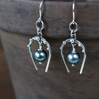 Lucky Horseshoe Earrings, oxidized sterling silver with black freshwater pearl - jewelry by CookOnStrike