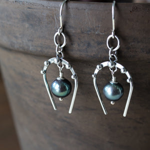 Lucky Horseshoe Earrings, oxidized sterling silver with black freshwater pearl - jewelry by CookOnStrike