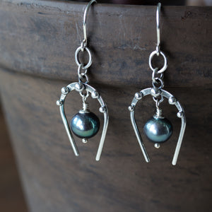 Lucky Horseshoe Earrings, oxidized sterling silver with black freshwater pearl - jewelry by CookOnStrike