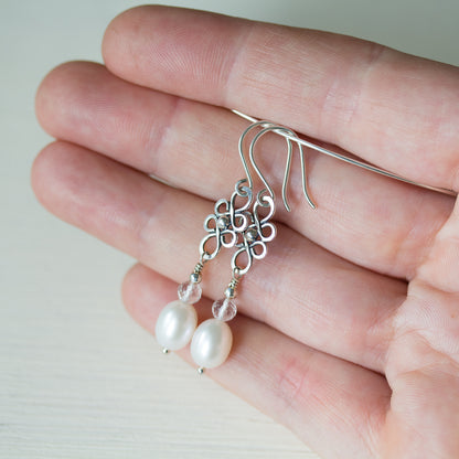 White Pearl and Crystal Dangle Earrings - jewelry by CookOnStrike