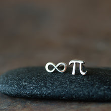 Load image into Gallery viewer, Mismatched Stud Earring Set, Tiny Greek Alphabet Letter Pi and Infinity Symbol - jewelry by CookOnStrike