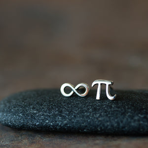 Mismatched Stud Earring Set, Tiny Greek Alphabet Letter Pi and Infinity Symbol - jewelry by CookOnStrike