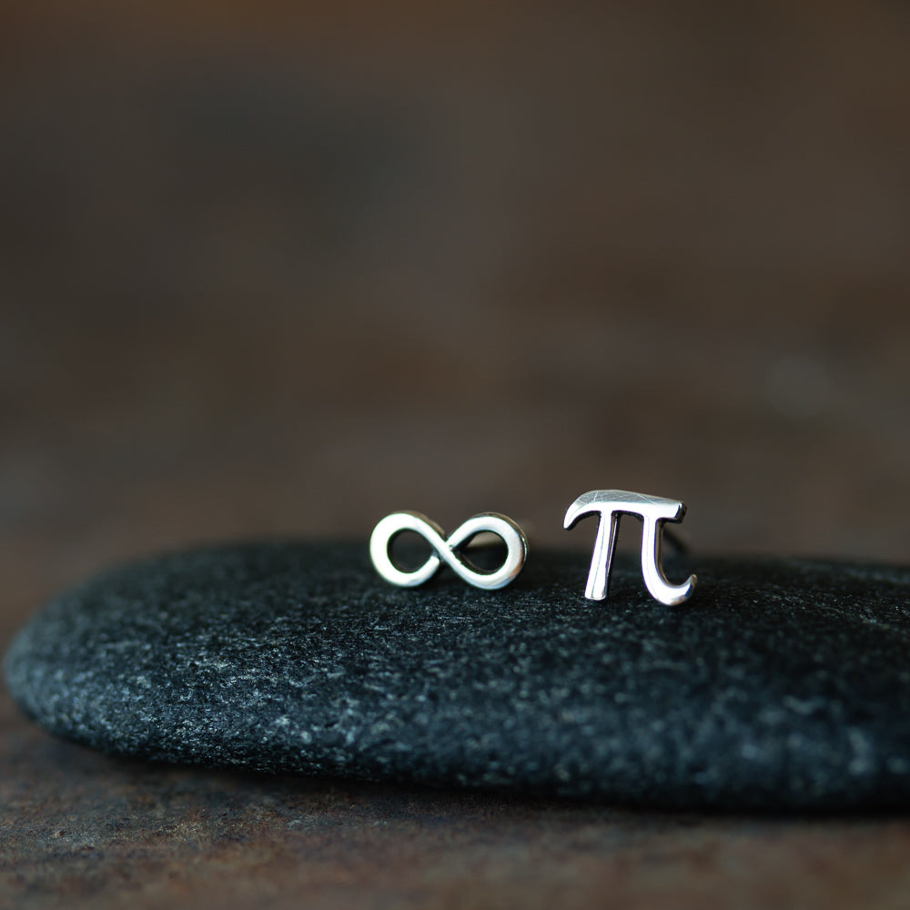 Mismatched Stud Earring Set, Tiny Greek Alphabet Letter Pi and Infinity Symbol - jewelry by CookOnStrike