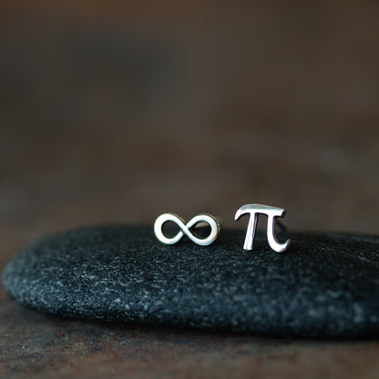 Mismatched Stud Earring Set, Tiny Greek Alphabet Letter Pi and Infinity Symbol - jewelry by CookOnStrike