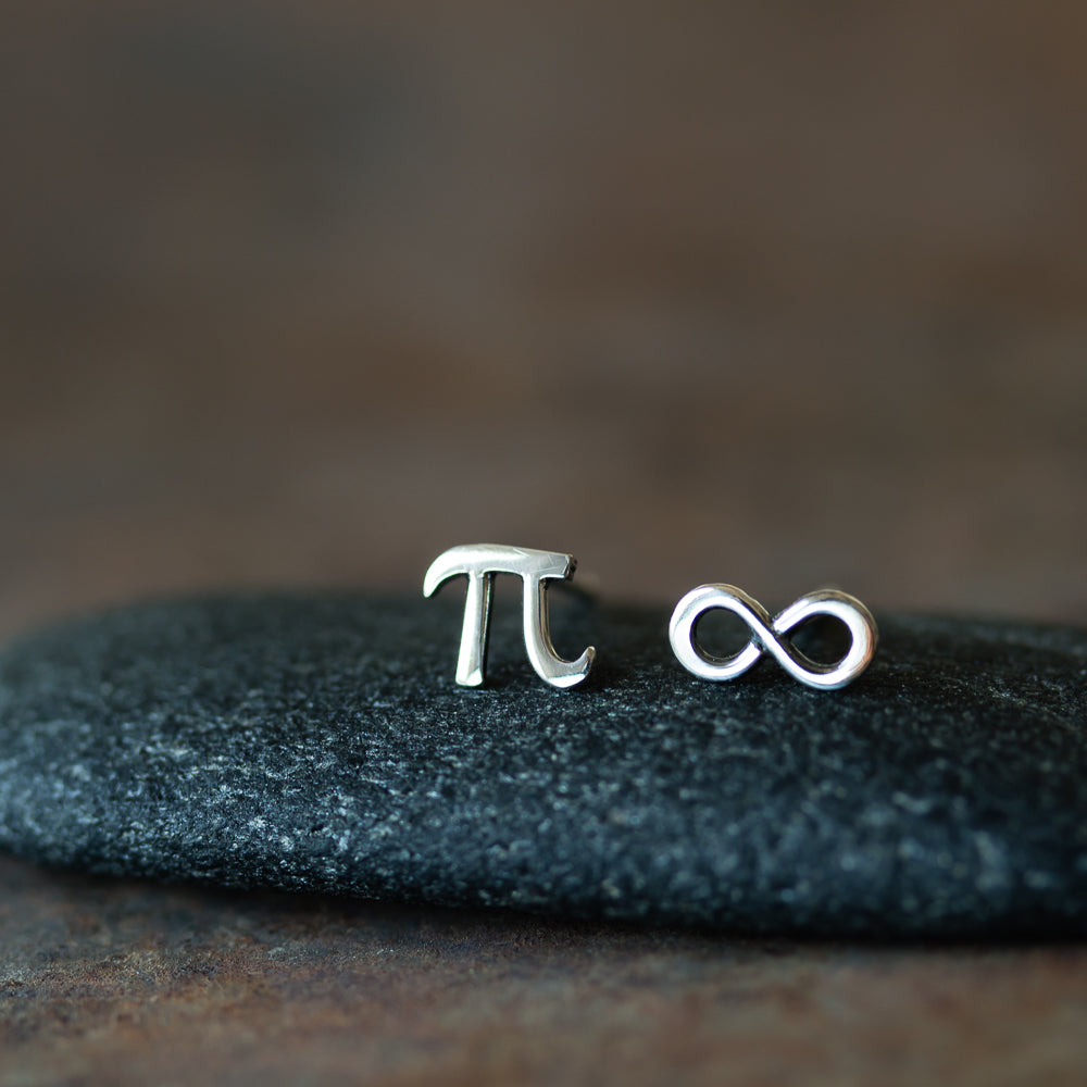 Mismatched Stud Earring Set, Tiny Greek Alphabet Letter Pi and Infinity Symbol - jewelry by CookOnStrike